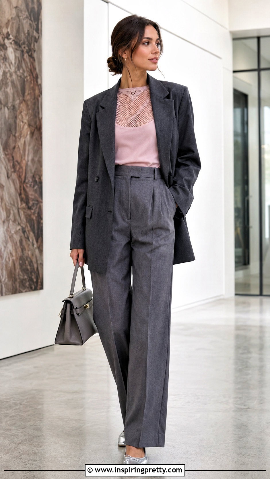 Zara Pink Mesh Top With Gray Tailored Trousers - 20 Zara Pink Mesh Top outfit ideas