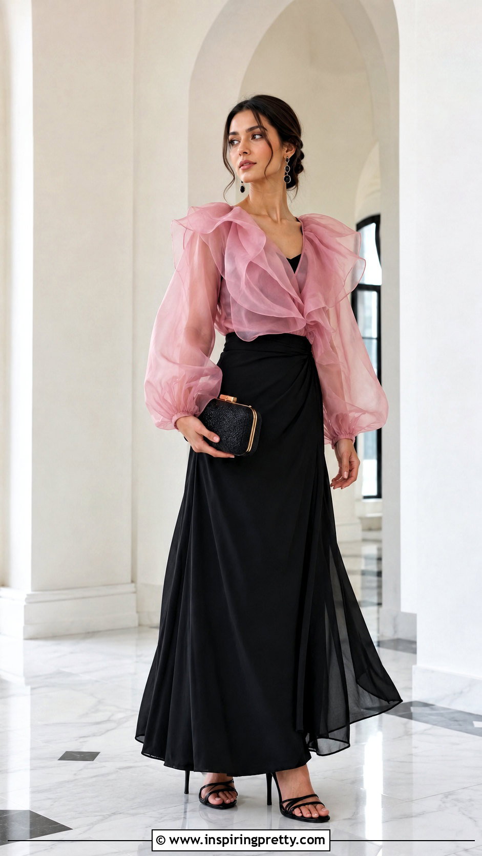 Zara Pink Organza Top With Black Maxi Skirt - 20 zara pink organza top outfit ideas