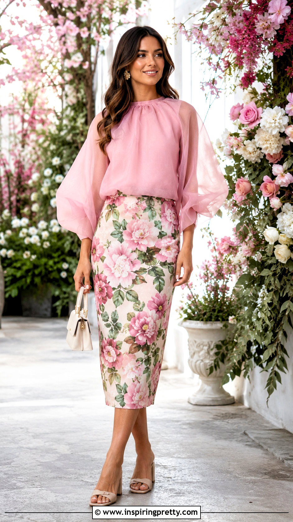 Zara Pink Organza Top With Floral Midi Skirt - 20 zara pink organza top outfit ideas
