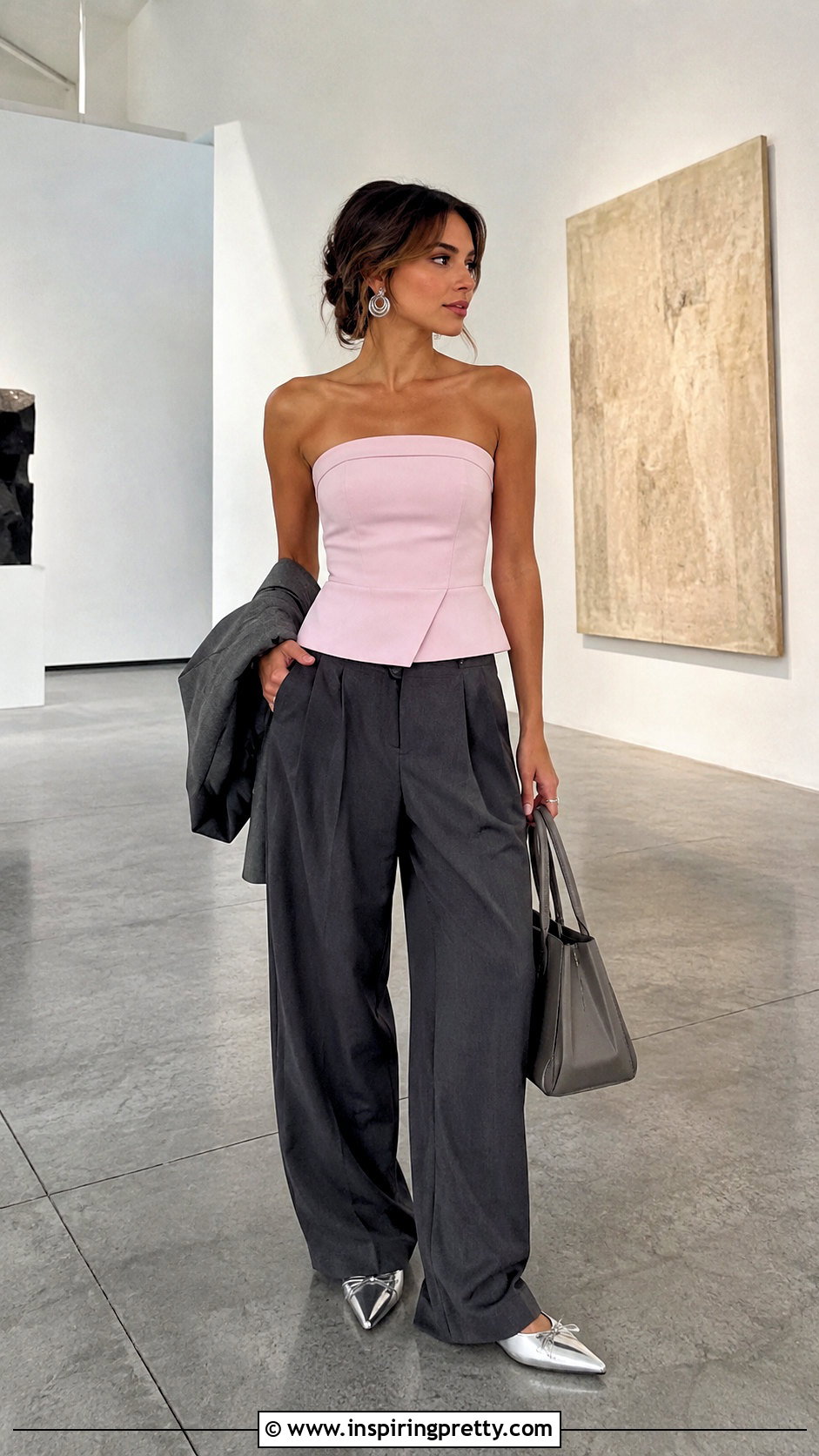 Zara Pink Strapless Top With Gray Pleated Pants - 25 zara pink strapless top outfit ideas