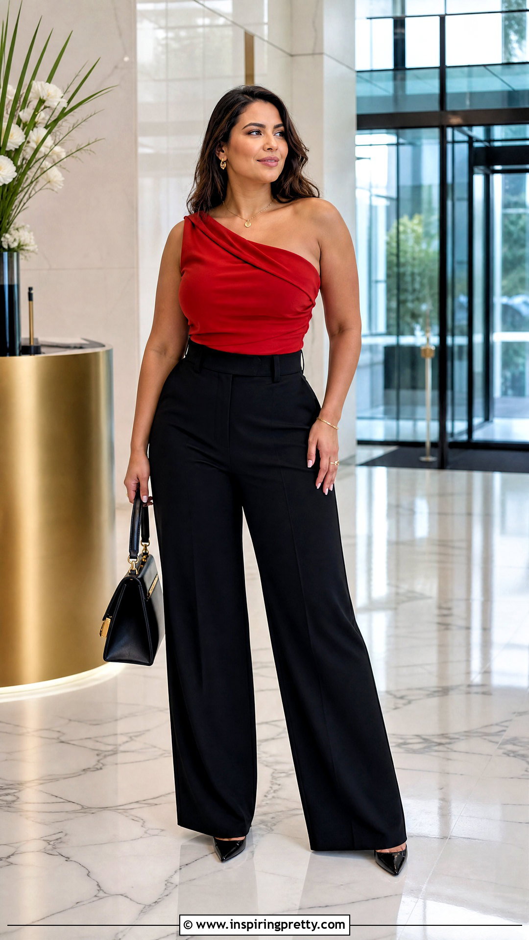 Zara Red Asymmetric Top With Black Wide Leg Pants - 20 Zara Red Asymmetric Top outfit ideas