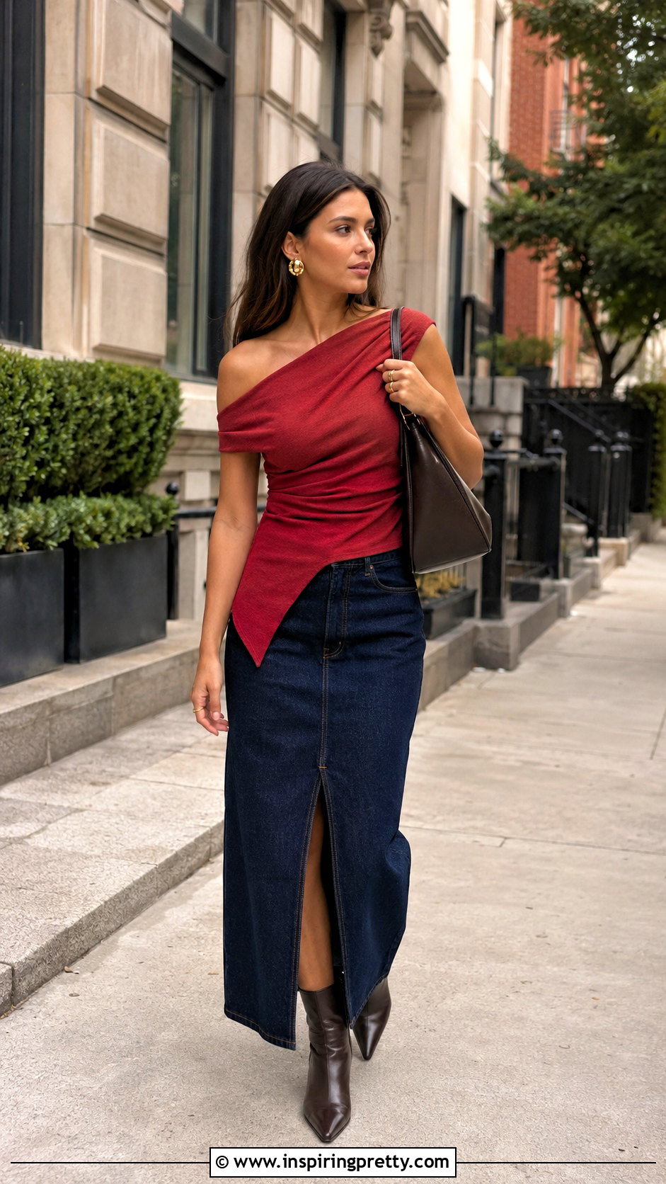 Zara Red Asymmetric Top With Dark Denim Maxi Skirt - 20 Zara Red Asymmetric Top outfit ideas