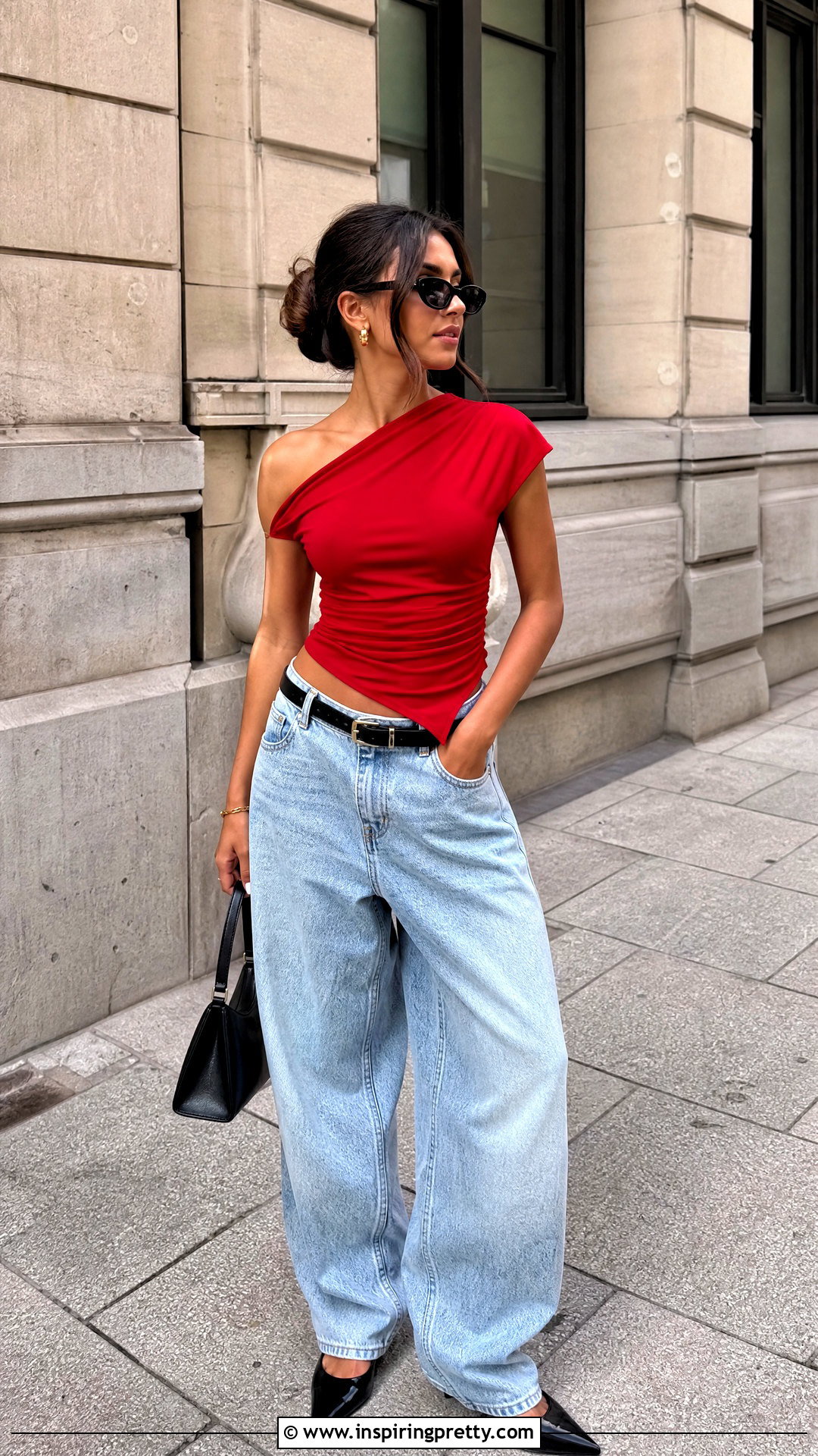 Zara Red Asymmetric Top With Light Wash Baggy Jeans - 20 Zara Red Asymmetric Top outfit ideas