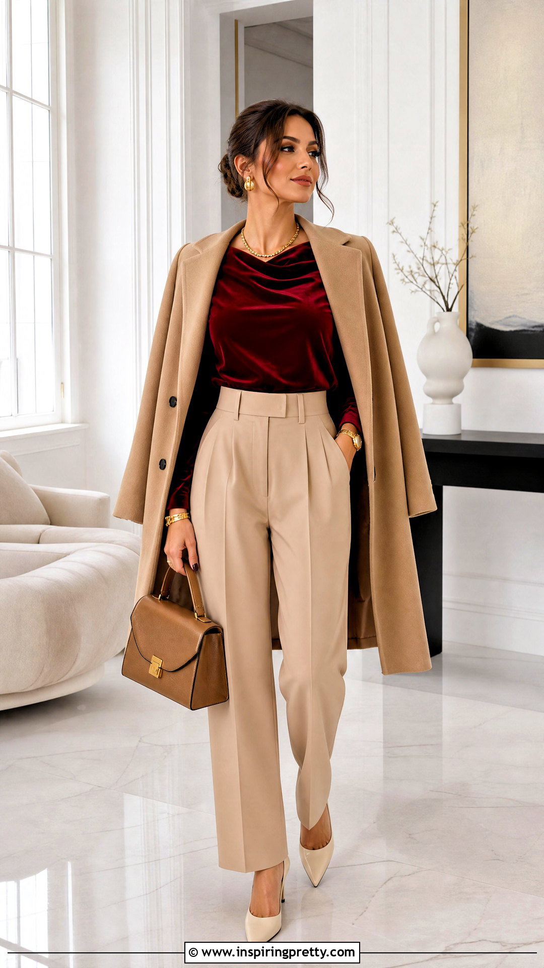 Zara Red Velvet Top With Beige Tailored Trousers - 20 zara red velvet top outfit ideas