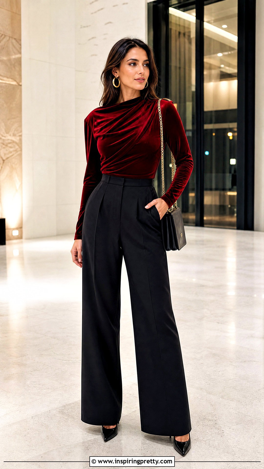 Zara Red Velvet Top With Black Wide Leg Trousers - 20 zara red velvet top outfit ideas