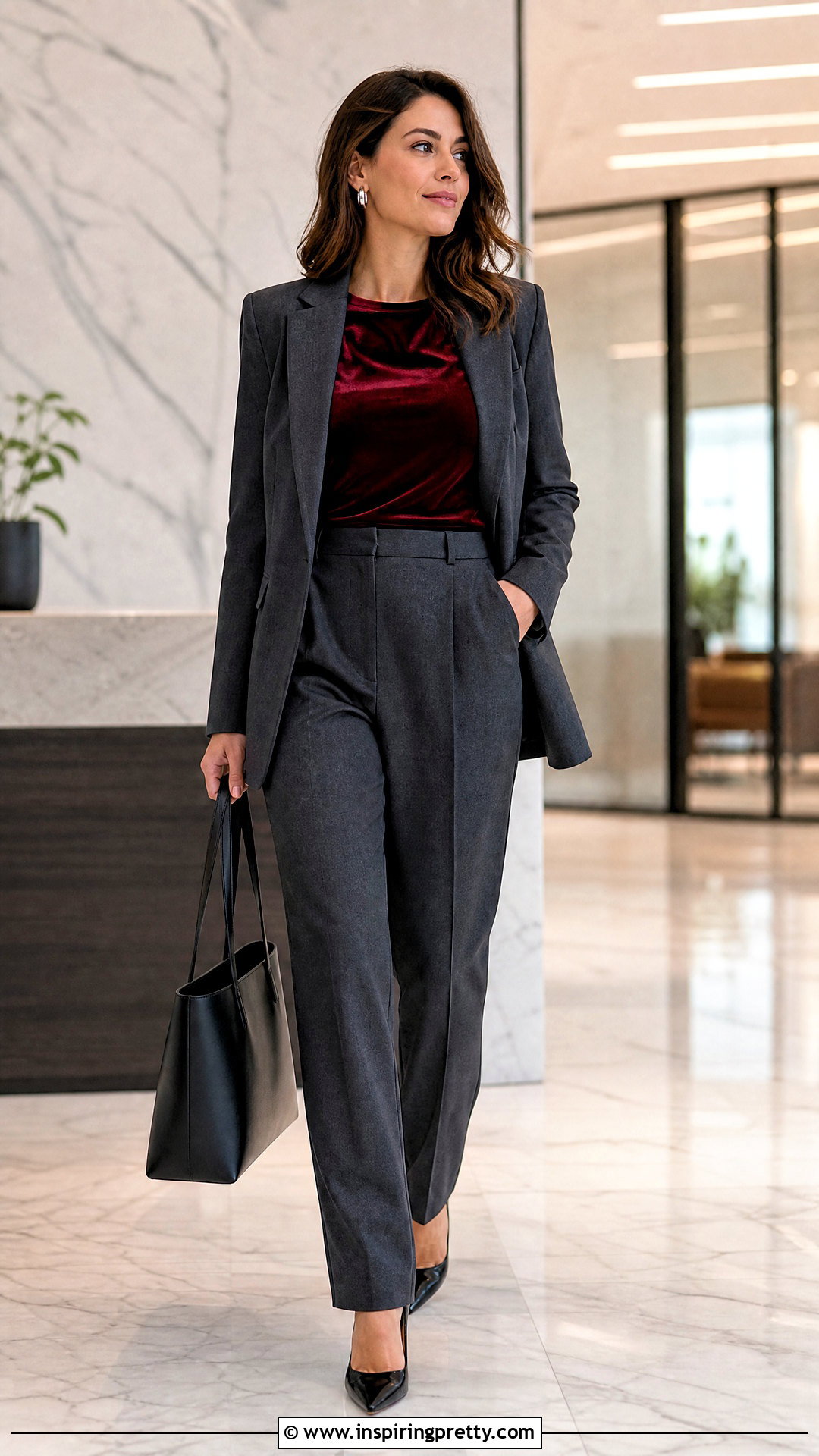 Zara Red Velvet Top With Gray Pantsuit - 20 zara red velvet top outfit ideas
