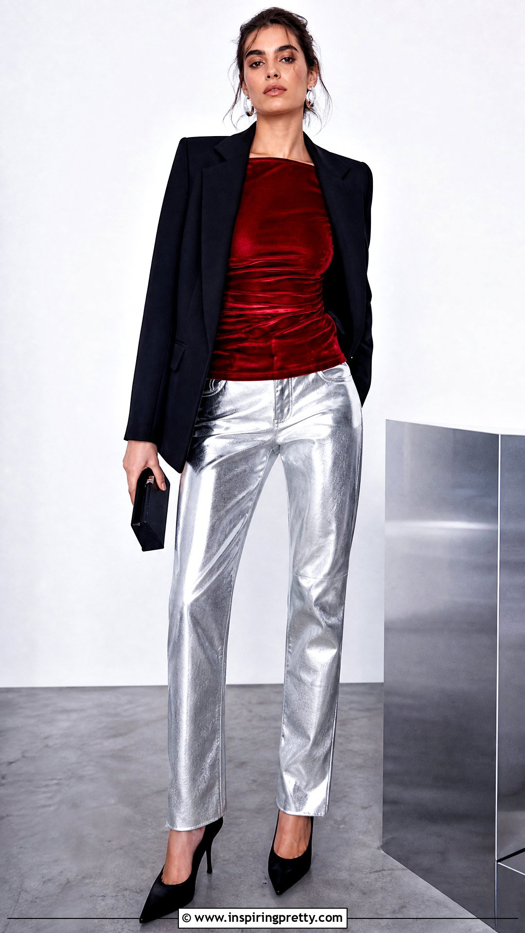 Zara Red Velvet Top With Silver Metallic Pants - 20 zara red velvet top outfit ideas