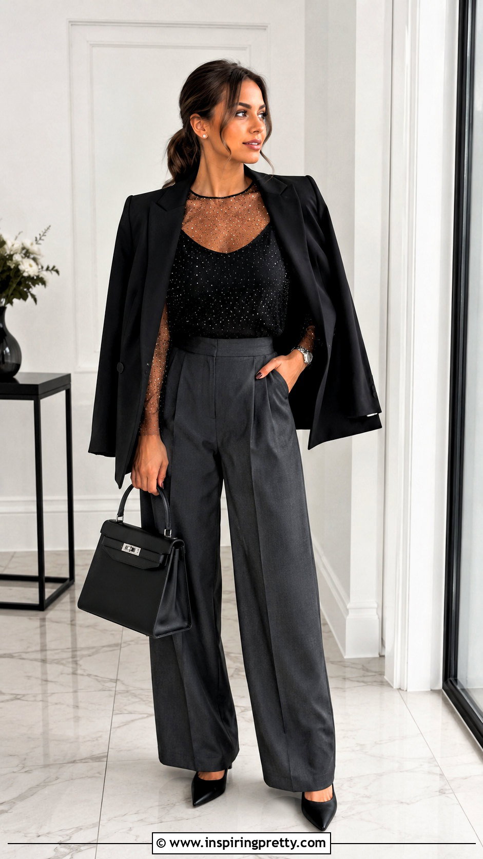 Zara Rhinestone Tulle Top With Gray Tailored Trousers - 20 zara rhinestone tulle top outfit ideas
