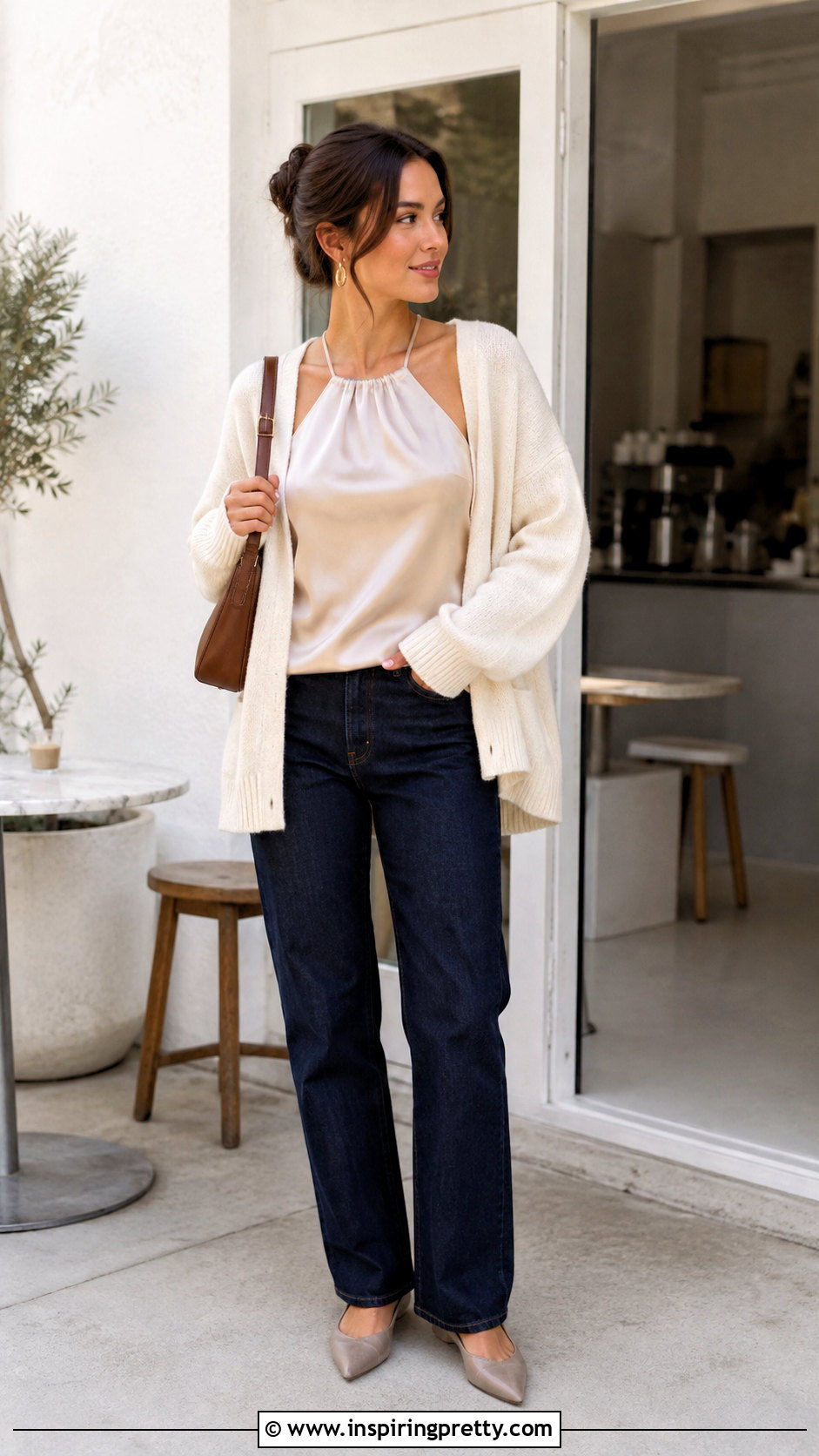 Zara Satin Effect Halter Top With Cardigan And Jeans - 25 zara satin effect halter top outfit ideas