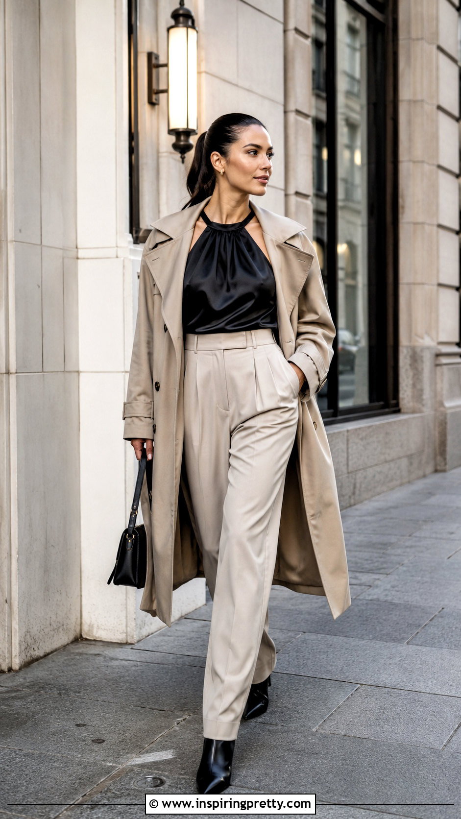 Zara Satin Effect Halter Top With Trench Coat And Trousers - 25 zara satin effect halter top outfit ideas
