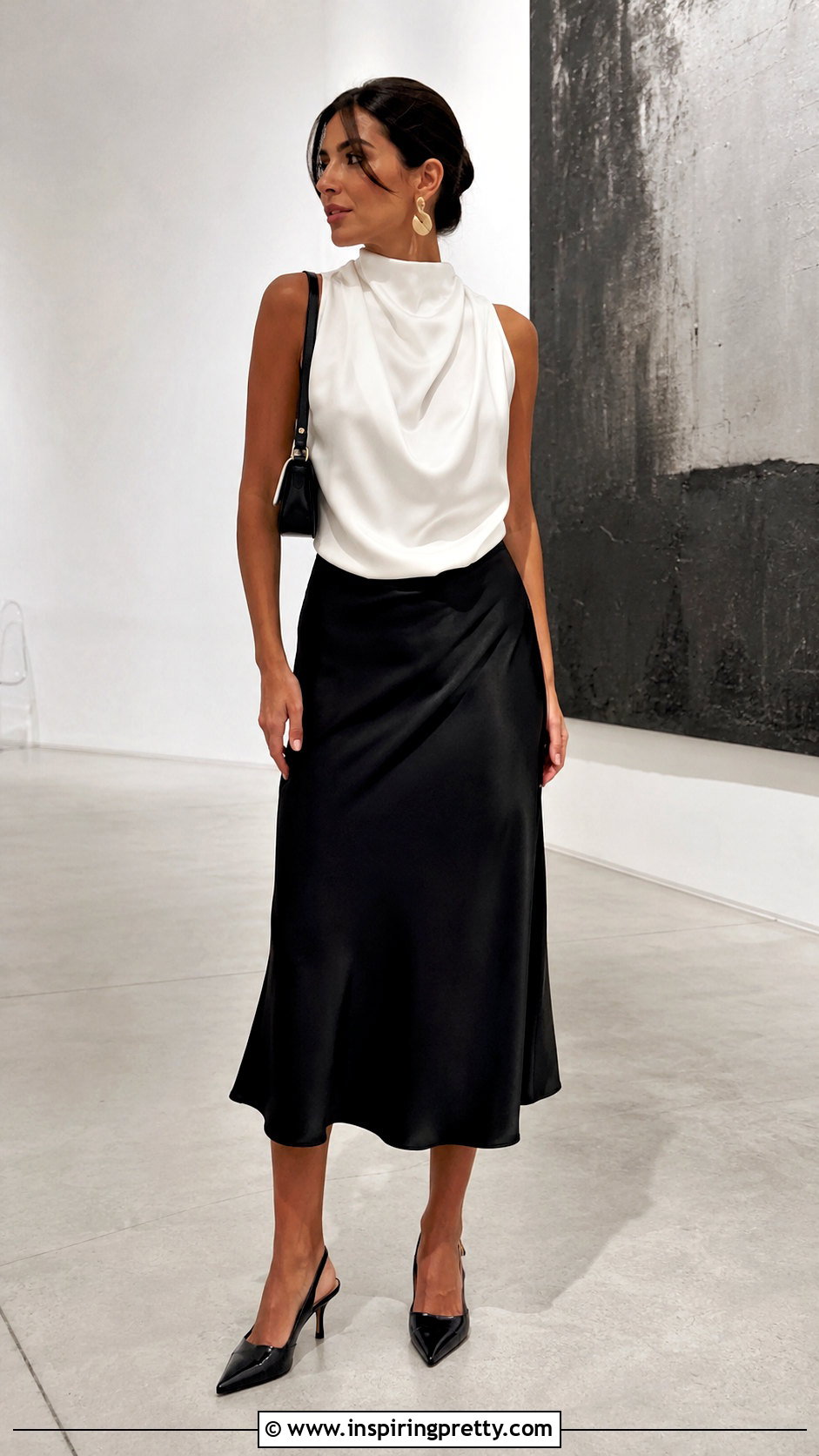 Zara White Silk Top With a Black Satin Midi Skirt - 20 white silk top zara outfit ideas