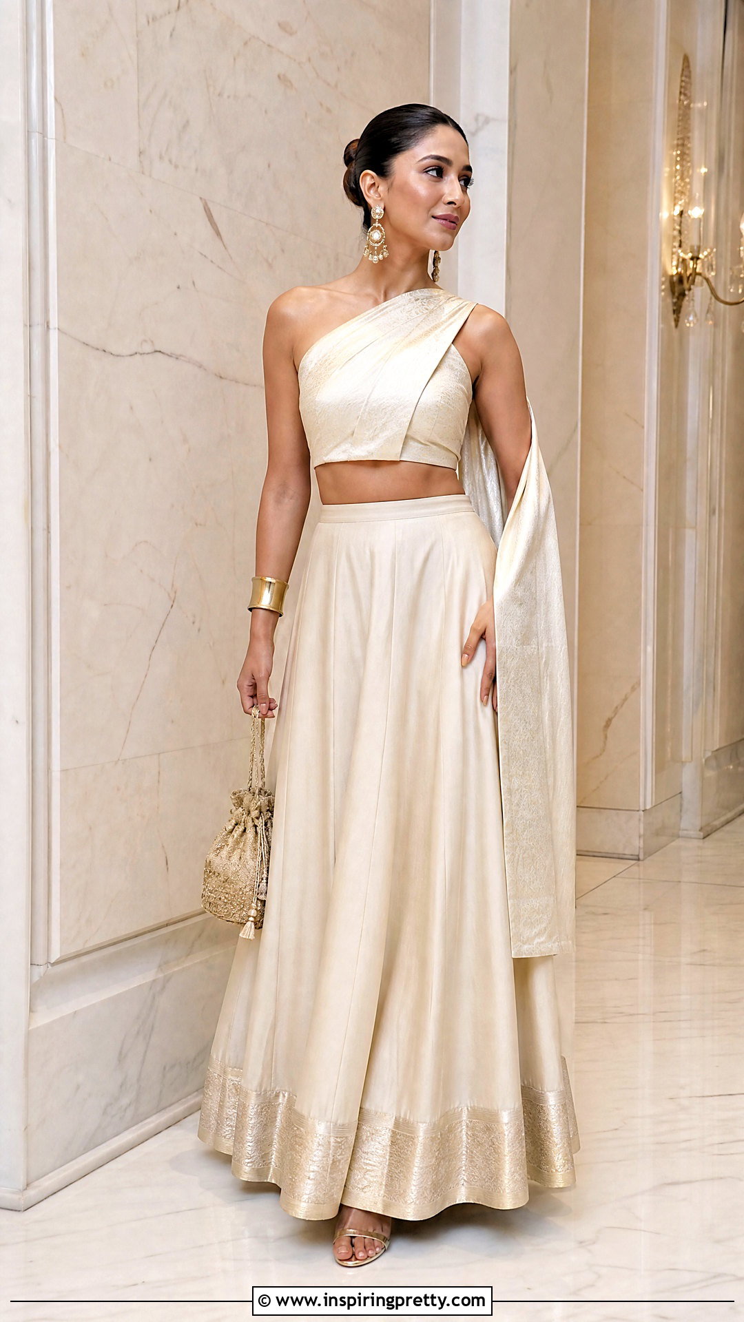 Zari Border Skirt And One Shoulder Crop Top - 25 skirt and crop top from old saree ideas