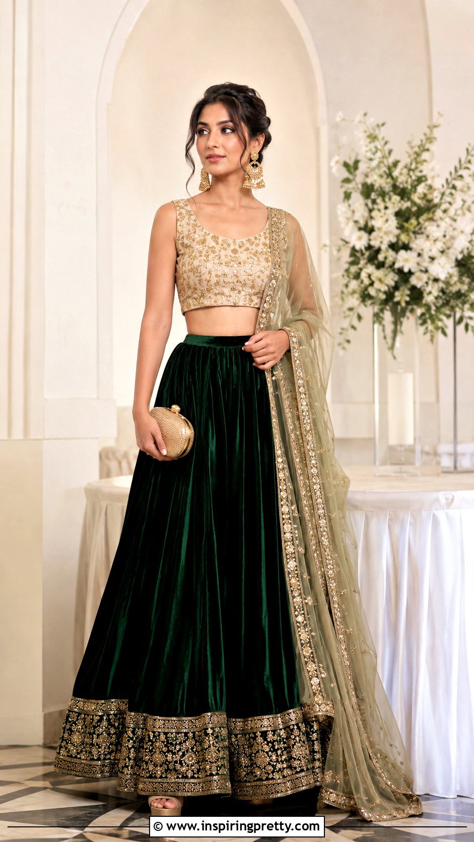 Zari Embroidered Crop Top With Velvet Lehenga - 50 traditional crop top designs