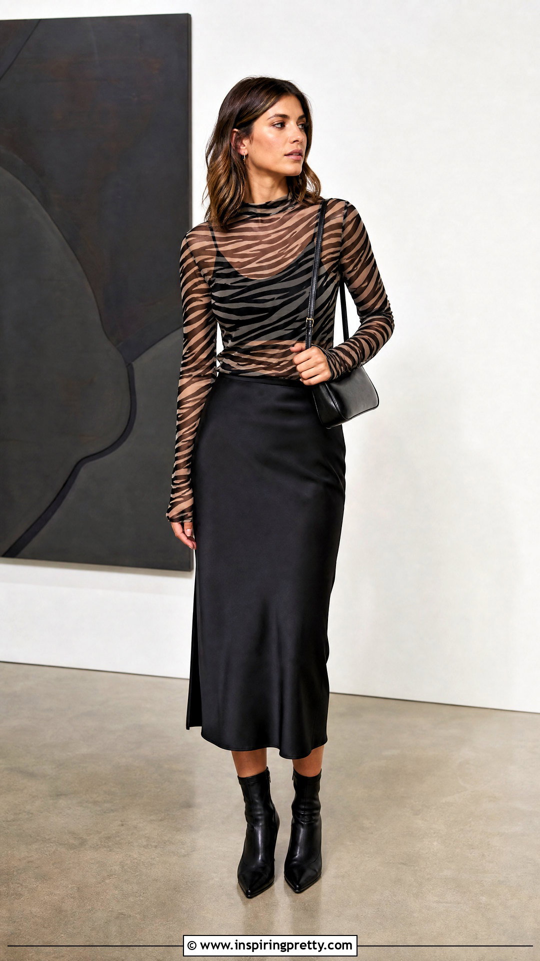 Zebra Print Mesh Top With Black Skirt - 50 animal print top outfit ideas