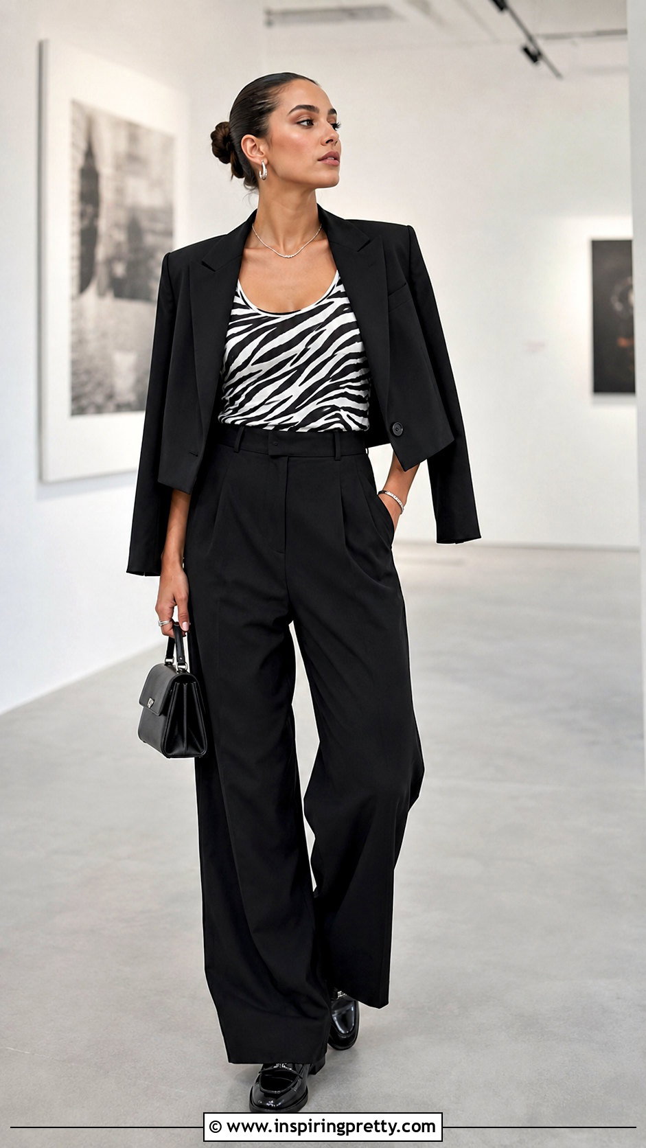 Zebra Print Racerback Tank Top With Black Wide Leg Pants - 20 zebra print racerback tank top outfit ideas