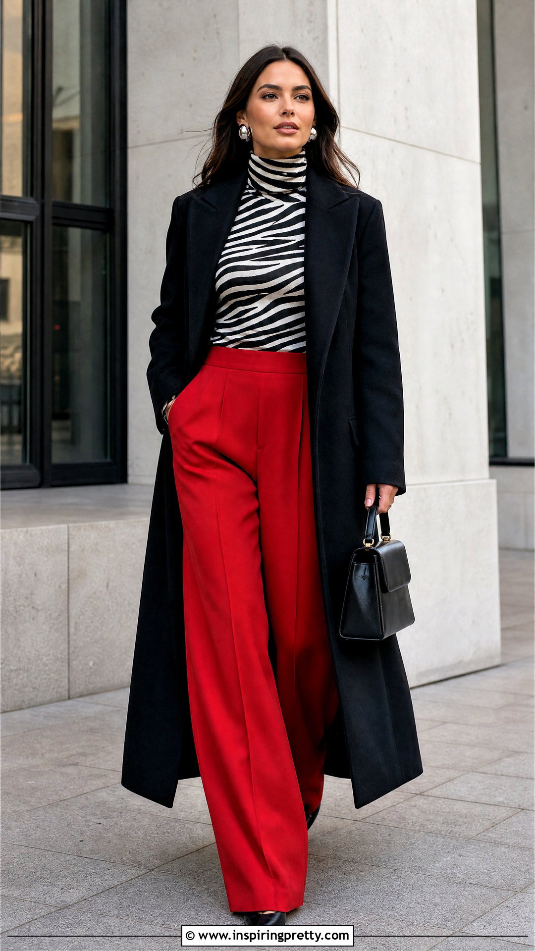 Zebra Print Turtleneck With Red Trousers - 50 animal print top outfit ideas