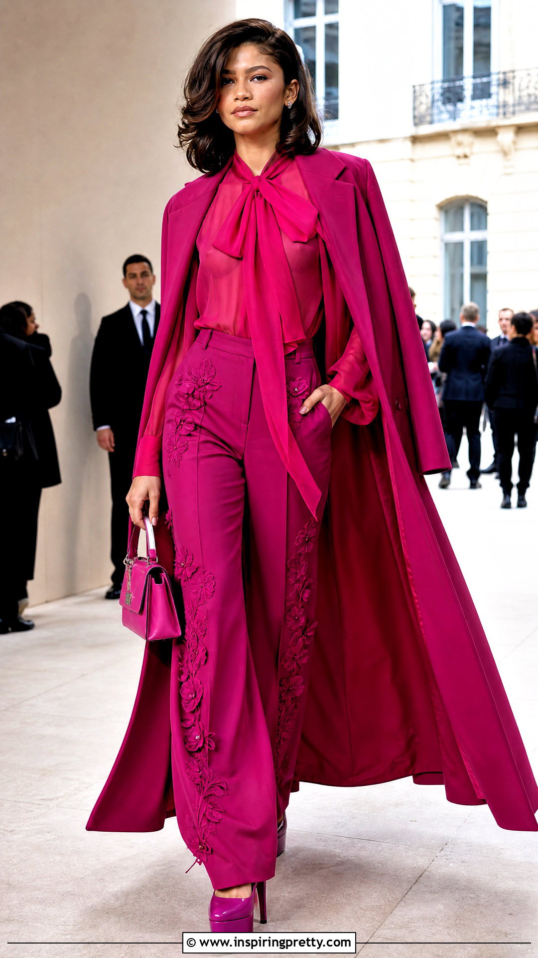 Zendaya Pink Chiffon Blouse And Floral Trousers - 25 zendaya pink top outfit ideas