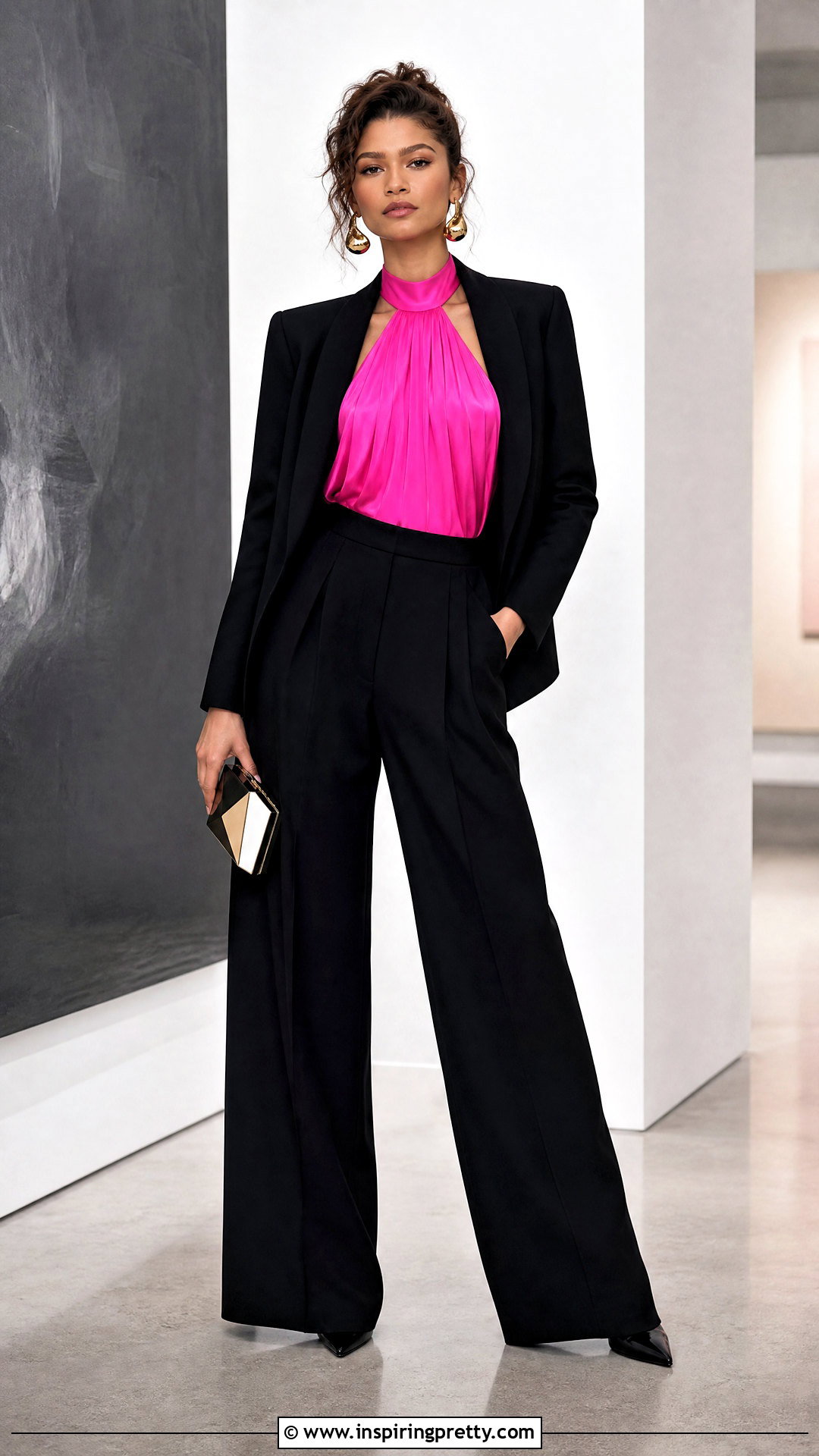 Zendaya Pink Halter Top And Black Tailored Trousers - 25 zendaya pink top outfit ideas