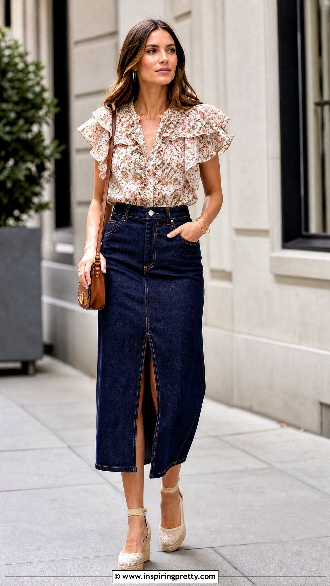 Zimmermann Floral Top With Denim Midi Skirt - 20 zimmermann floral top outfit ideas