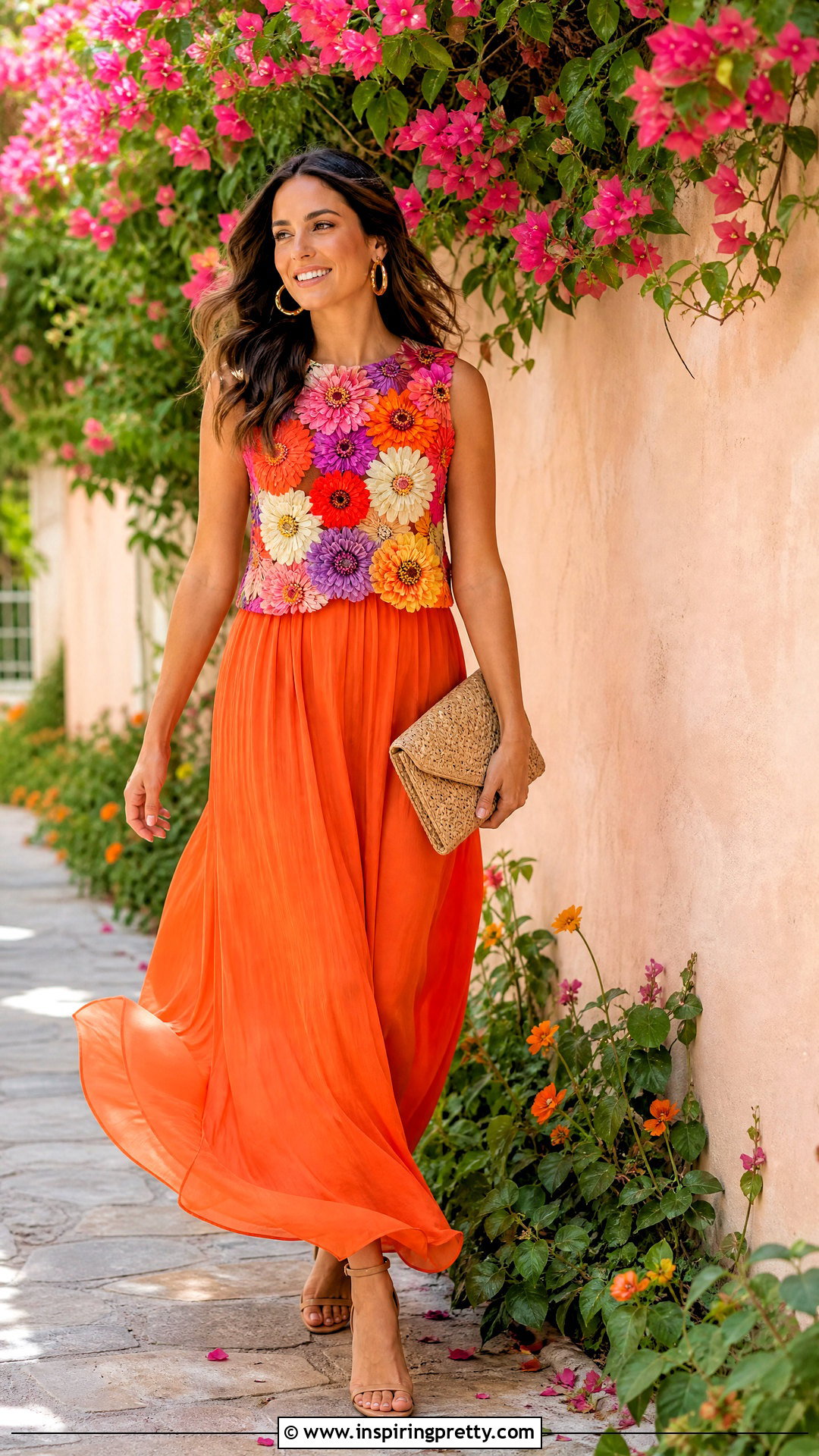 Zinnia Flower Top With Orange Maxi Skirt - 50 flower top photoshoot ideas