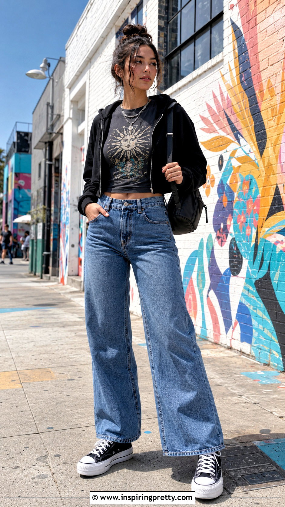 Zip Crop Top Hoodie With Graphic Shirt And Wide Leg Jeans - 20 crop top hoodie with shirt underneath outfit ideas