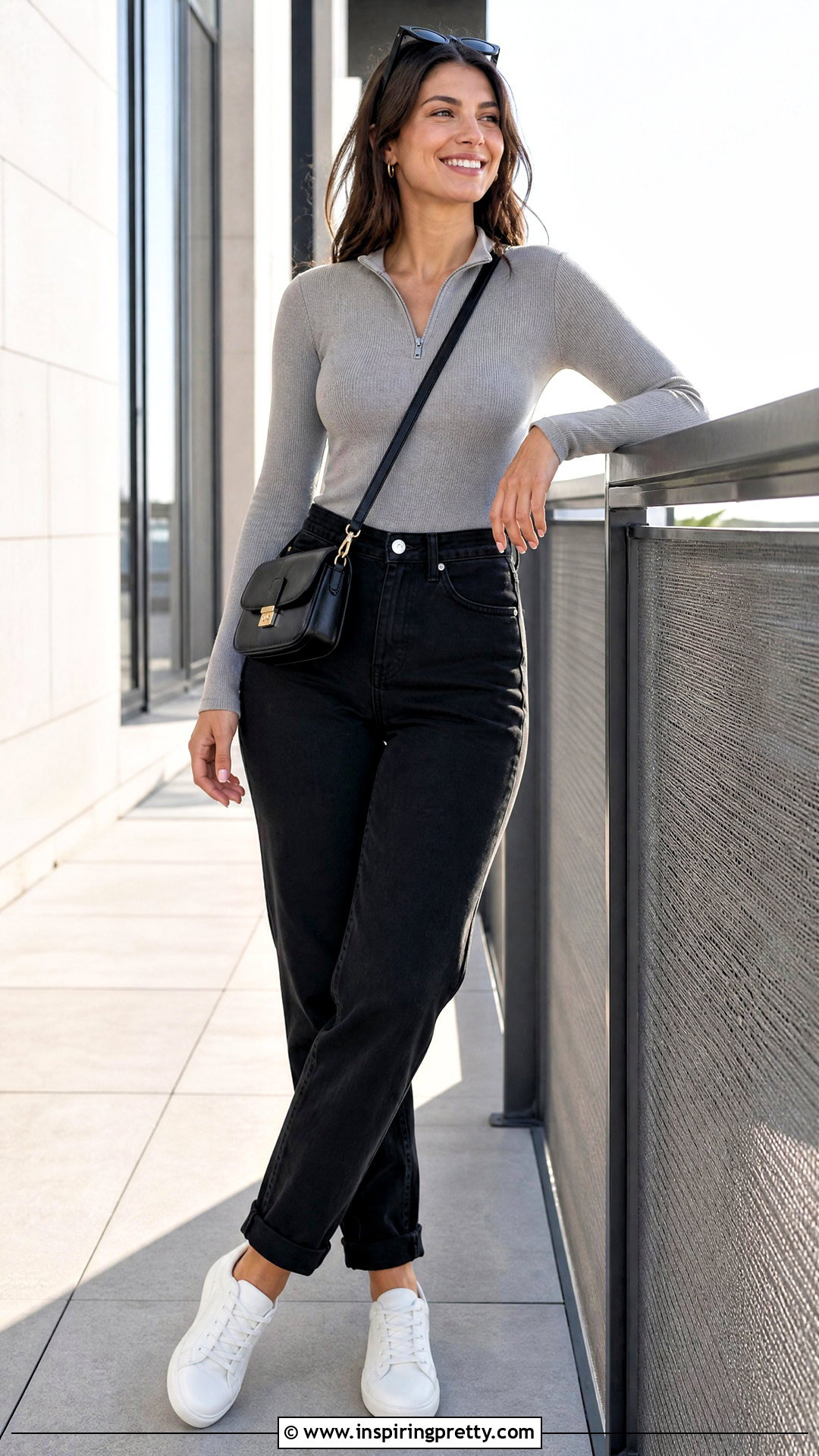 Zip Neck Top And Black Jeans Railing Pose - 50 Poses In Jeans Top Aesthetic Ideas