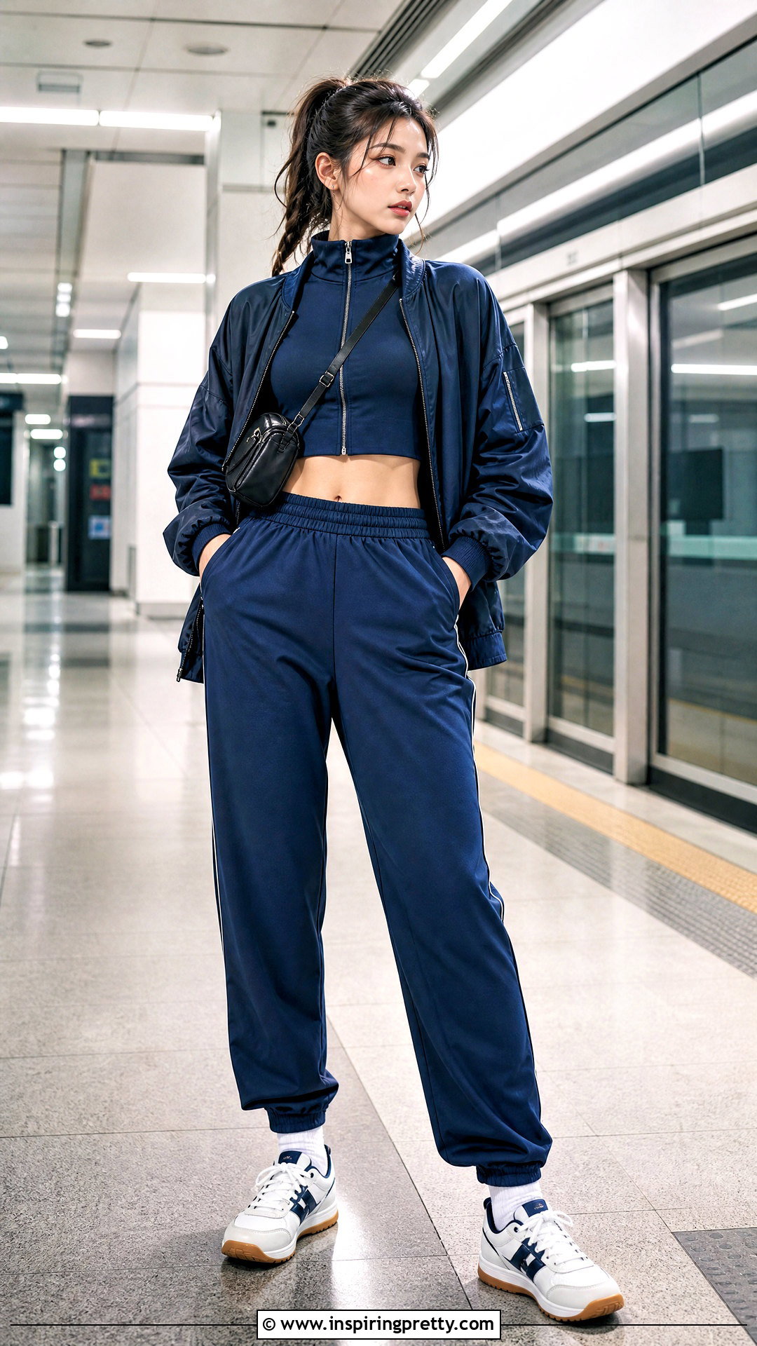 Zip Up Crop Top With Track Pants Outfit - 50 crop top outfits korean styles