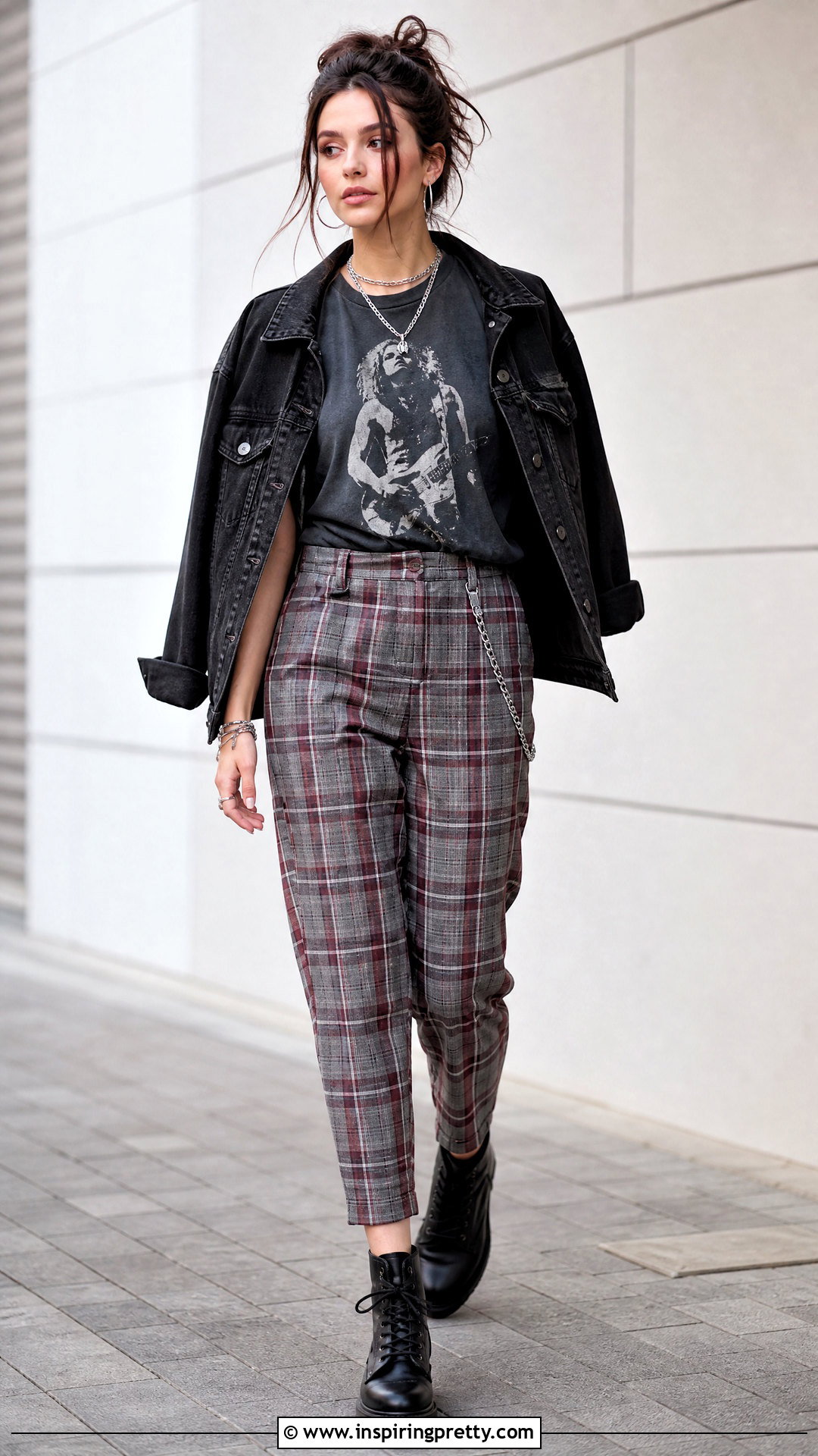 s Band Tee With Plaid Pants - 50 90s tops outfit ideas