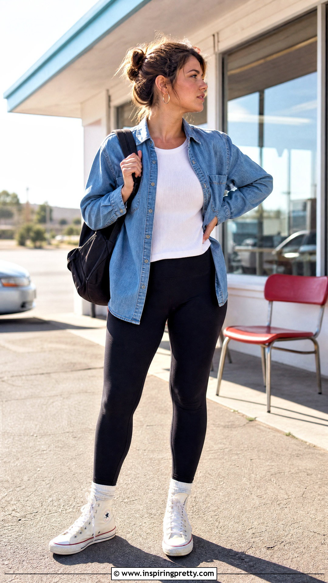 s Denim Shirt With Black Leggings - 50 90s tops outfit ideas