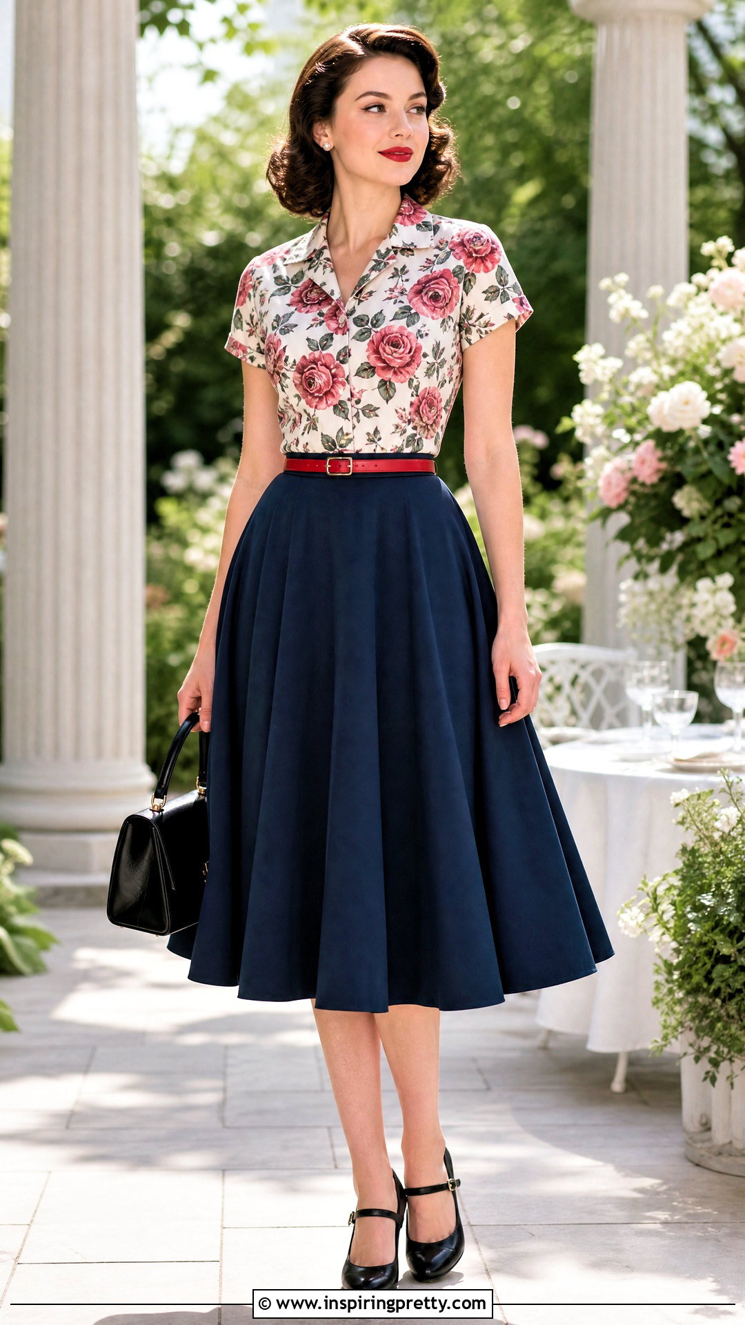 s Floral Blouse With Solid Circle Skirt - 20 1950s style tops outfit ideas