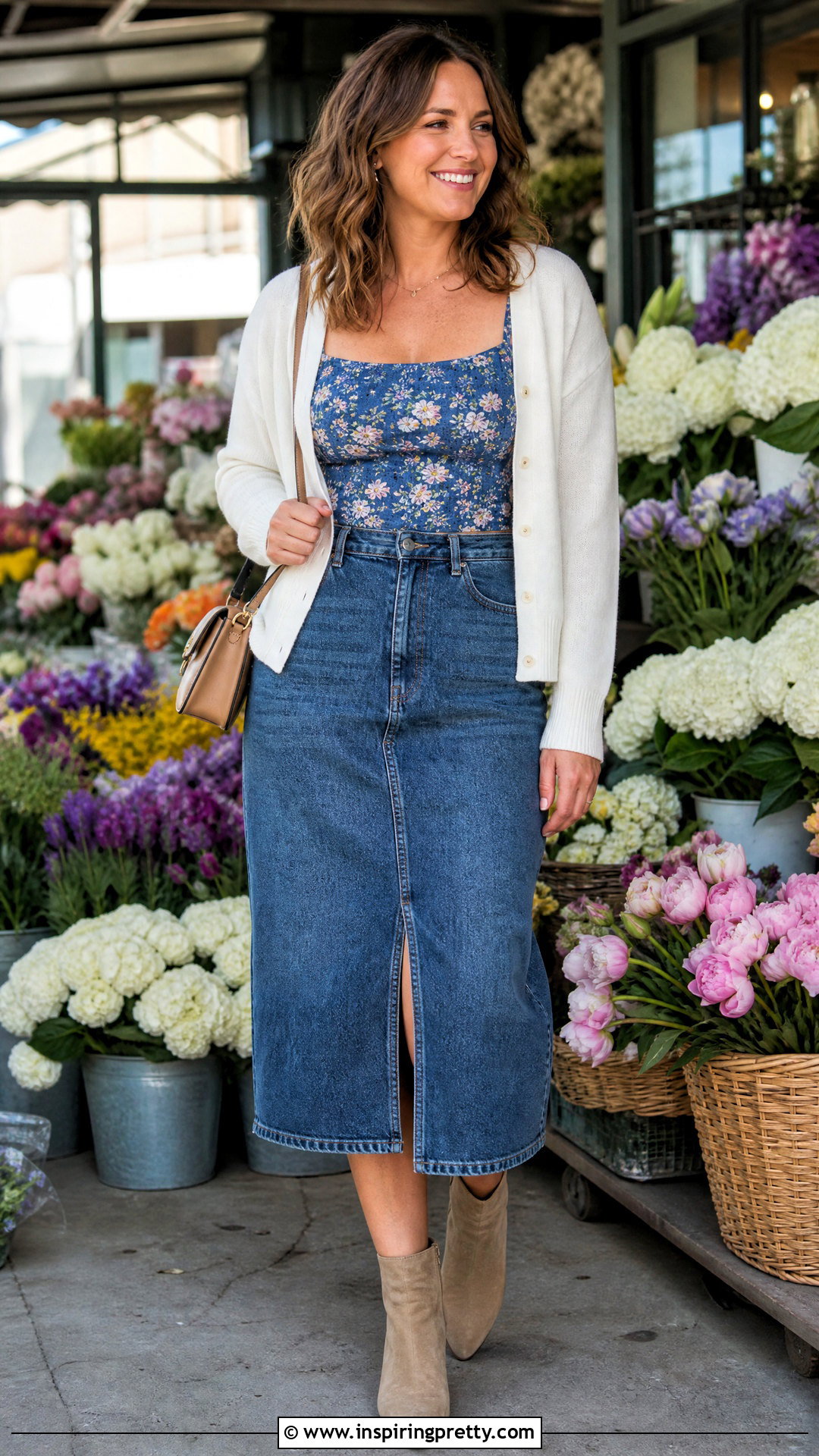 s Floral Top With Denim Midi Skirt - 50 Vintage Tops For Women