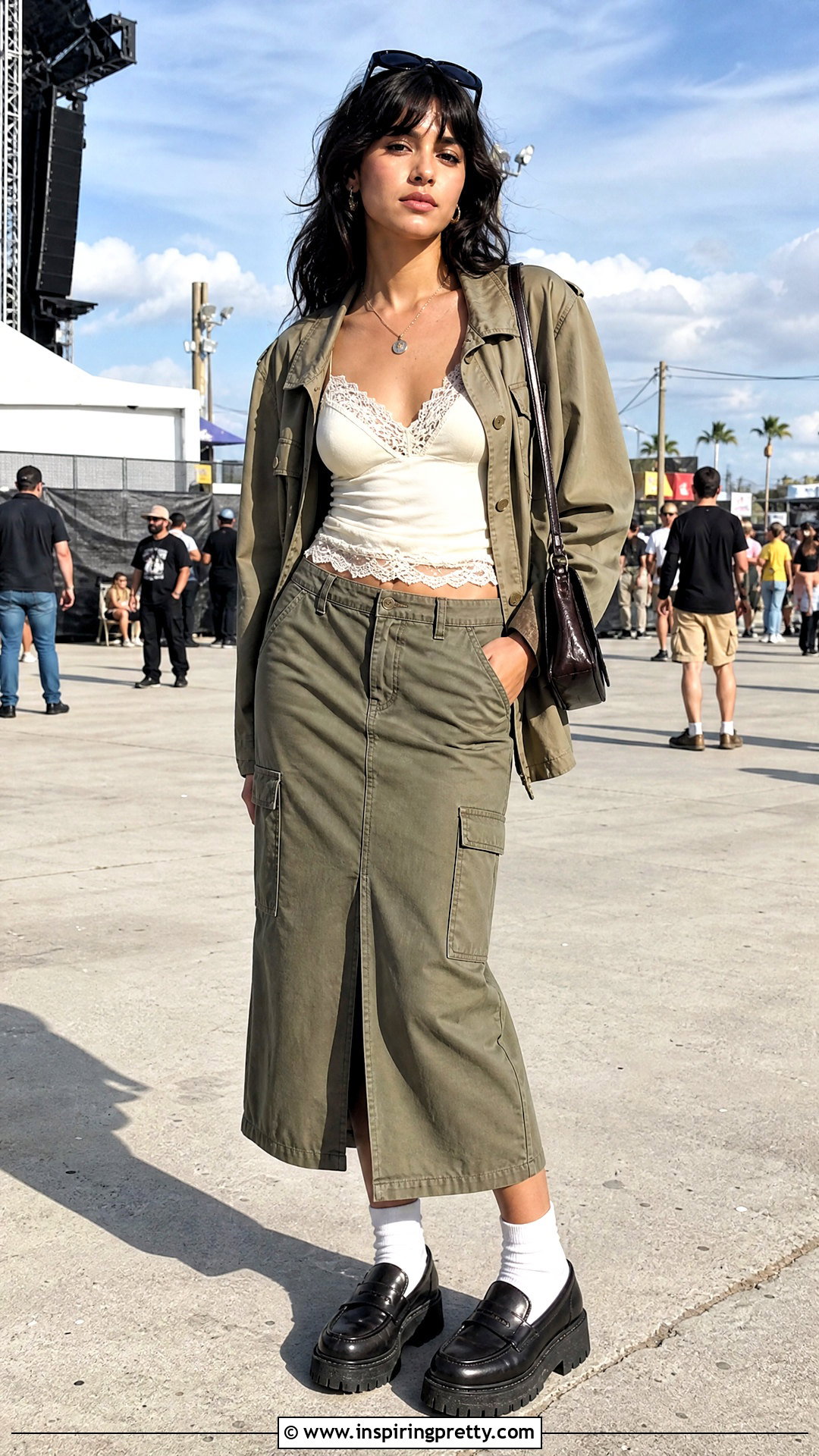 s Lace Trim Camisole With Cargo Skirt - 50 90s tops outfit ideas