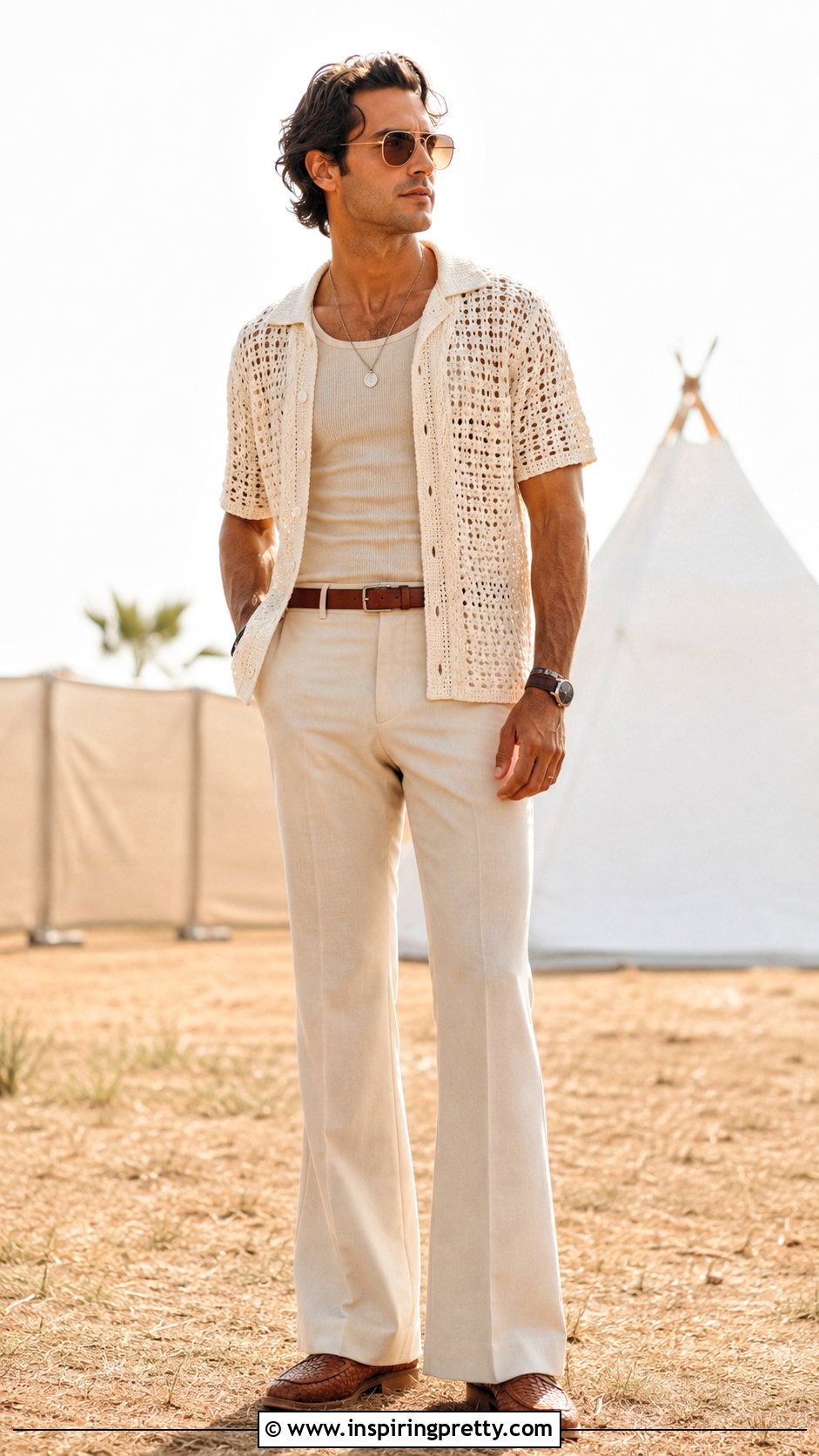 s Mens Crochet Shirt With Cream Flared Pants - 20 70S Mens Tops outfit ideas