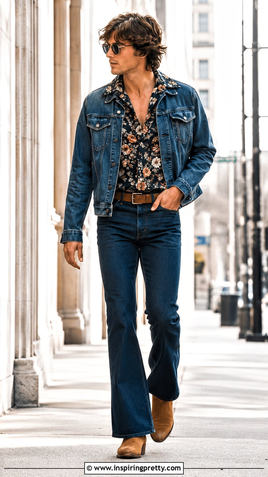 s Mens Floral Shirt With Dark Flared Jeans - 20 70S Mens Tops outfit ideas