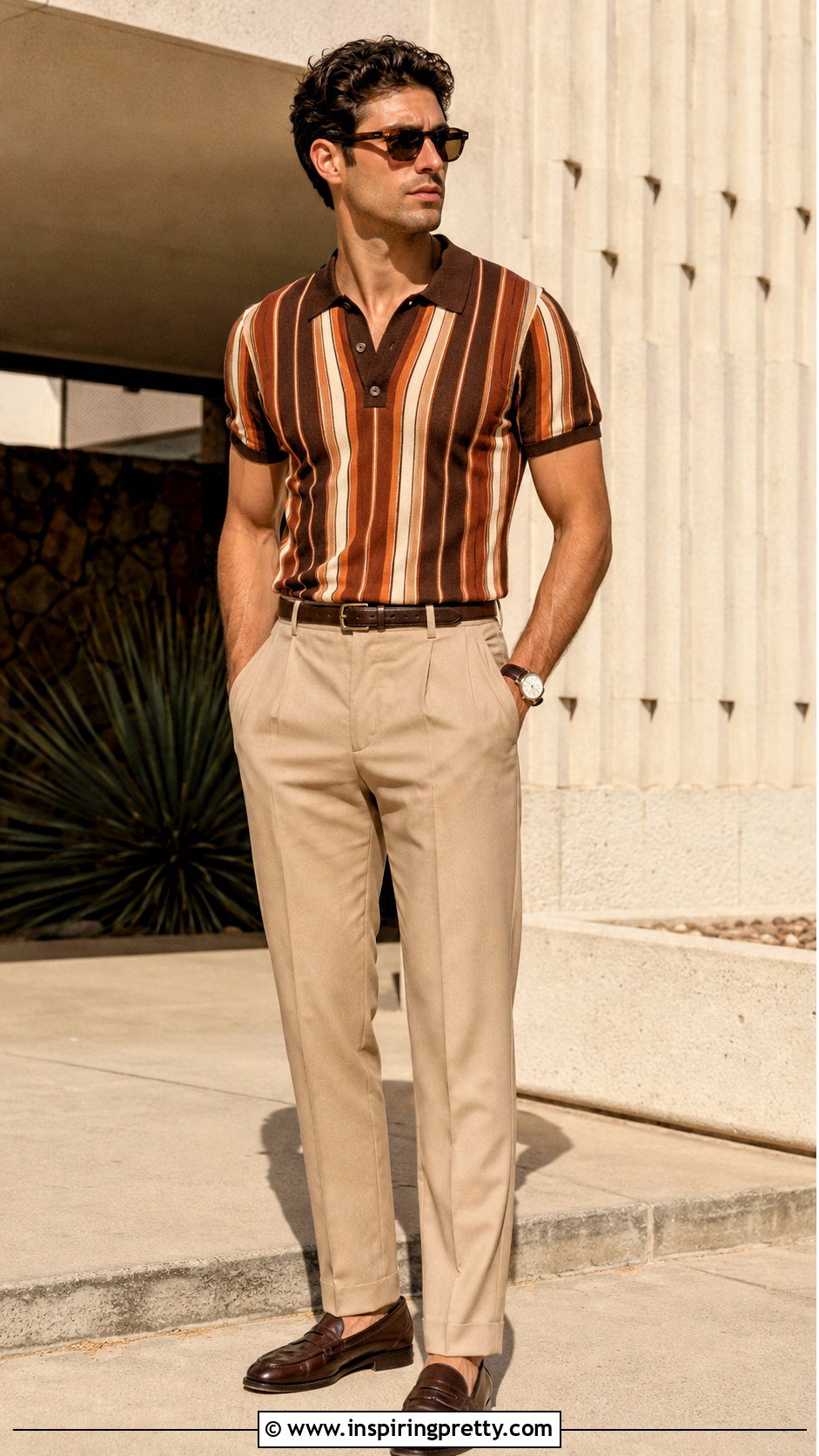 s Mens Striped Knit Polo With Beige Trousers - 20 70S Mens Tops outfit ideas