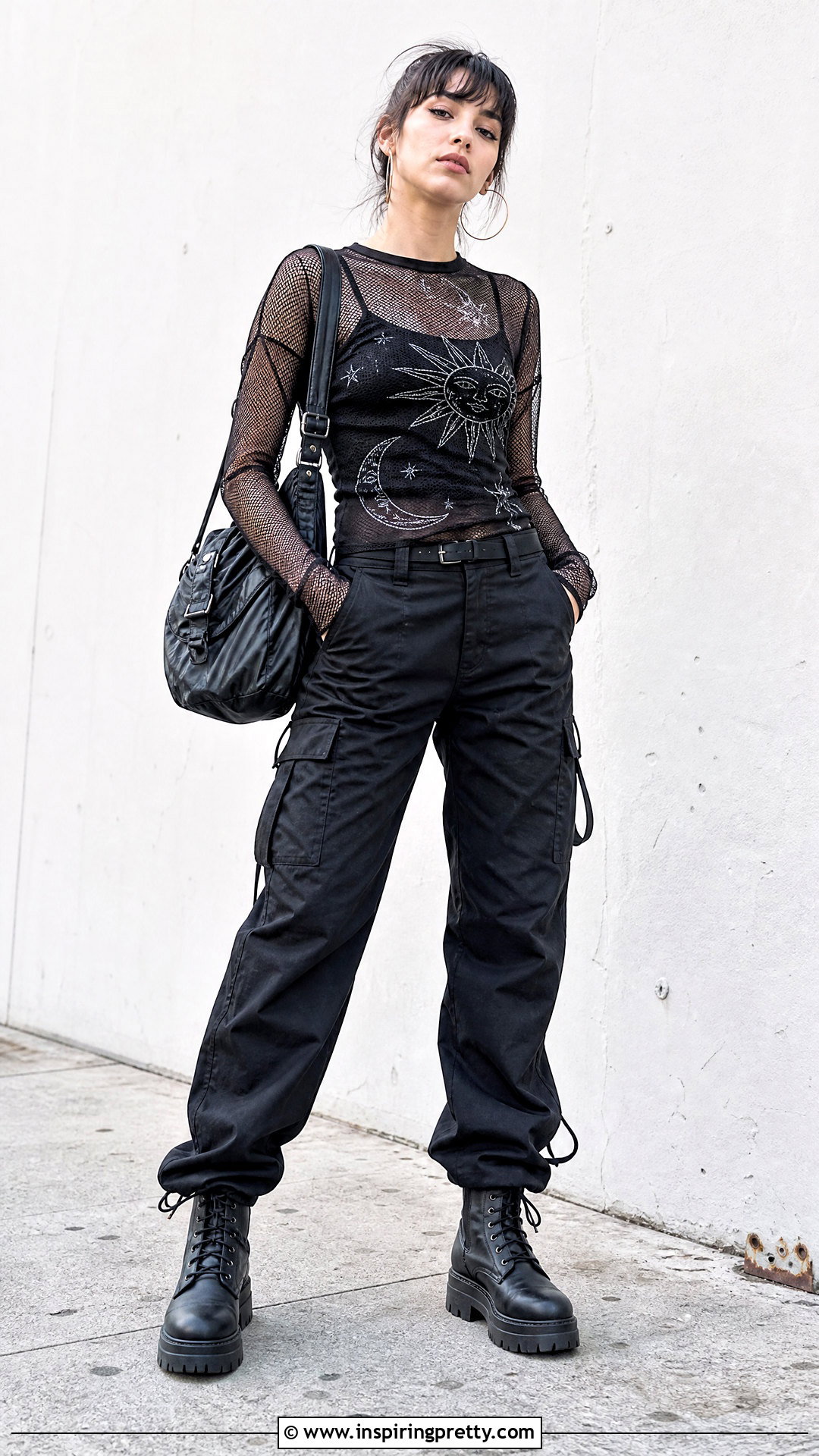 s Mesh Top With Black Cargo Pants - 50 90s tops outfit ideas