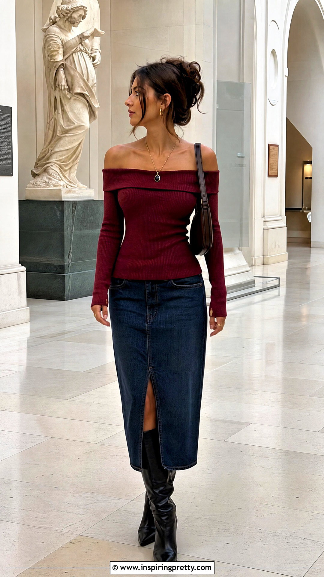 s Off Shoulder Top With Denim Midi Skirt - 25 2000S Inspired Tops outfit ideas