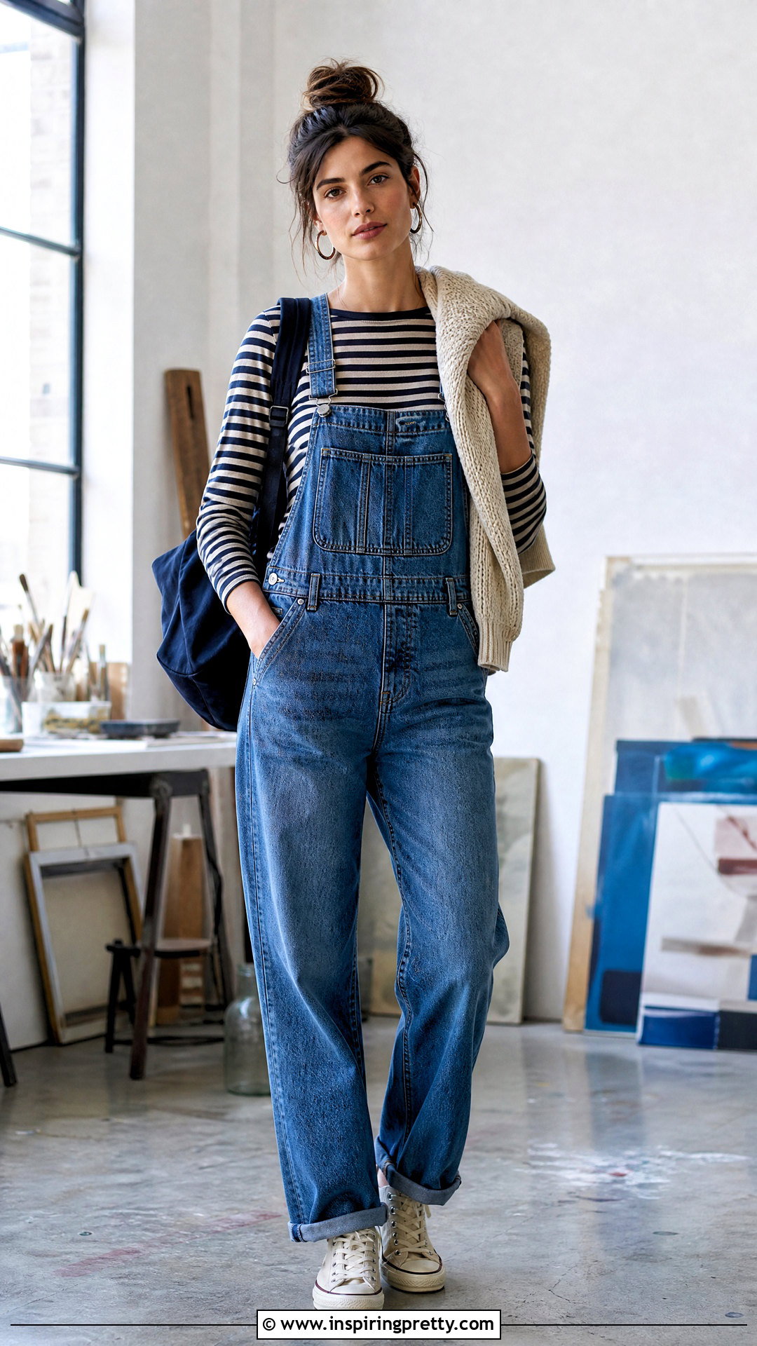 s Striped Knit Top With Denim Overalls - 50 vintage tops 90s