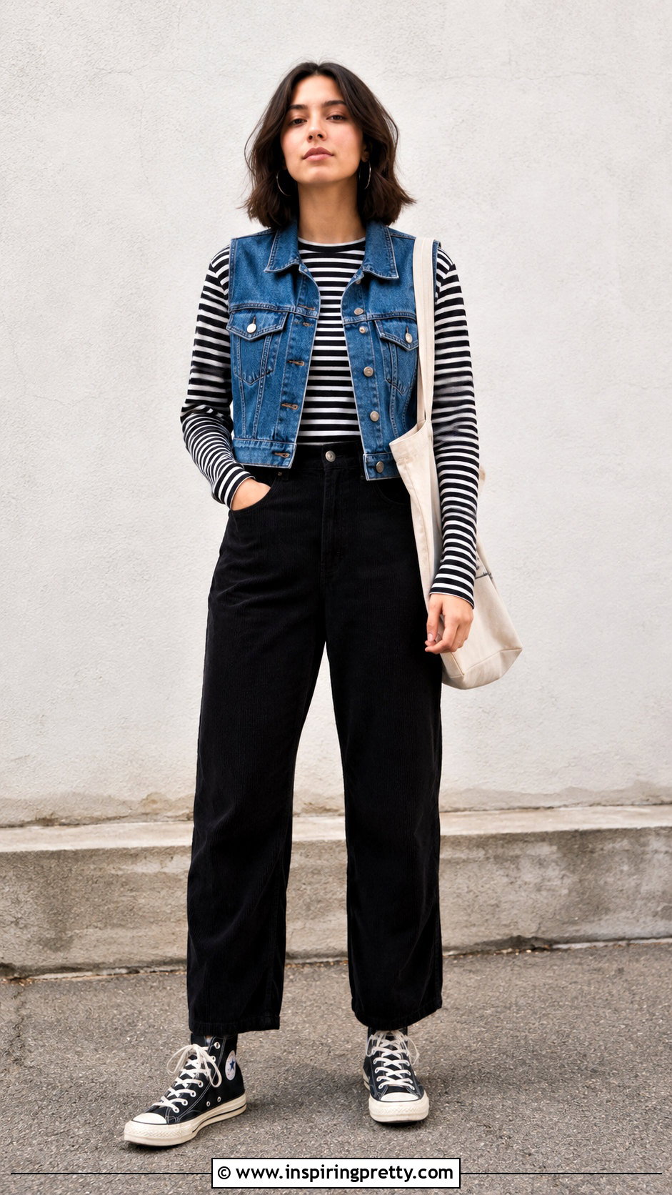 s Striped Top Under Denim Vest Outfit - 20 Layering Tops 90S