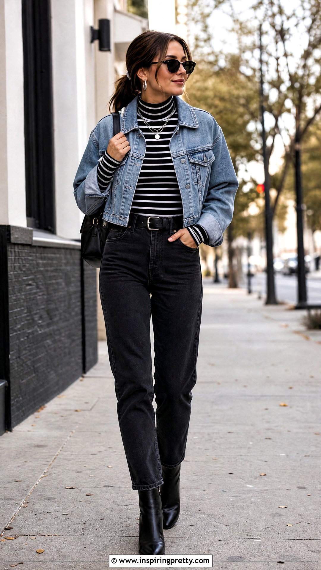 s Striped Turtleneck With Black Mom Jeans - 50 90s tops outfit ideas