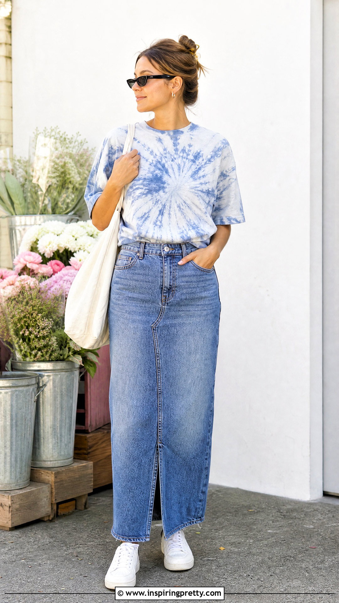 s Tie Dye Tee With Denim Maxi Skirt - 50 vintage tops 90s