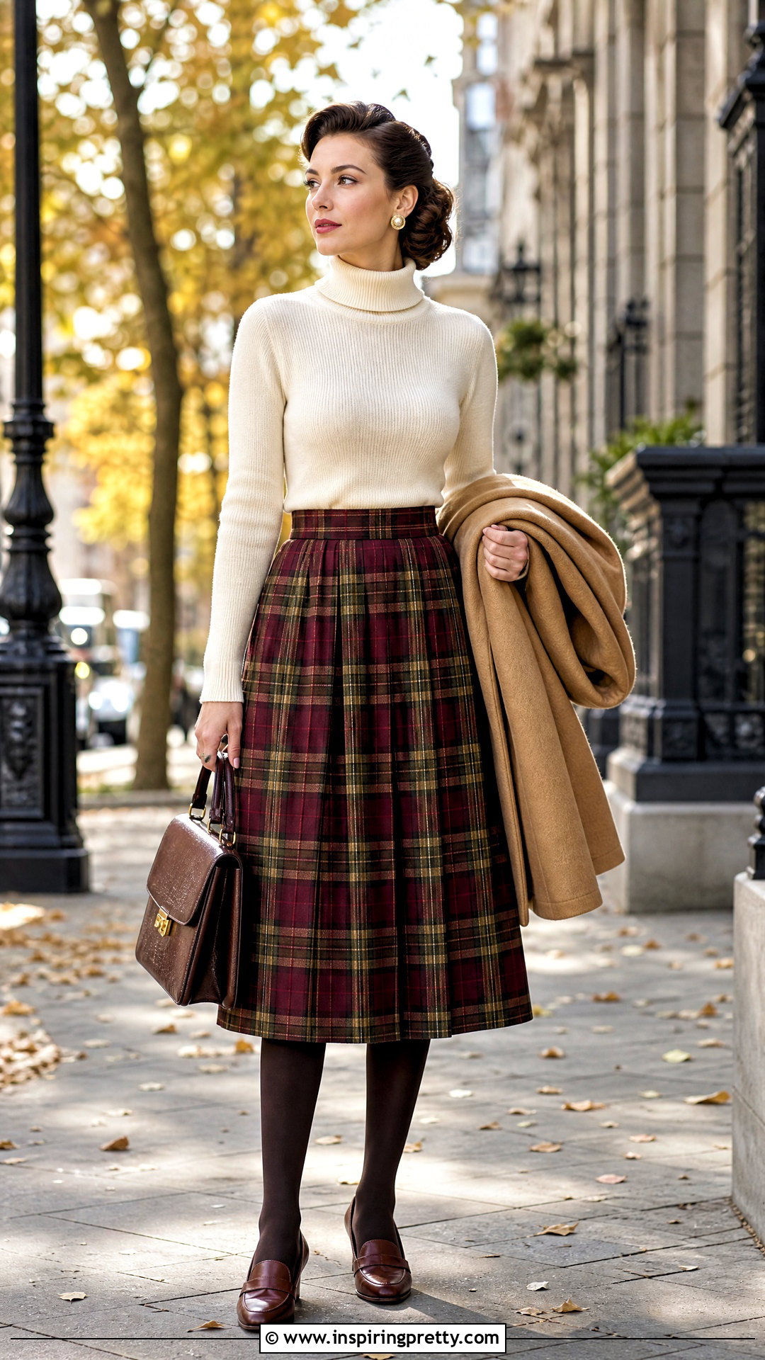 s Turtleneck Top With Plaid Midi Skirt - 20 1950s style tops outfit ideas